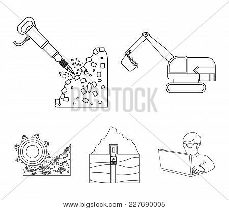 Excavator, Tunnel, Elevator, Coal Harvester And Other Equipment.mine Set Collection Icons In Outline