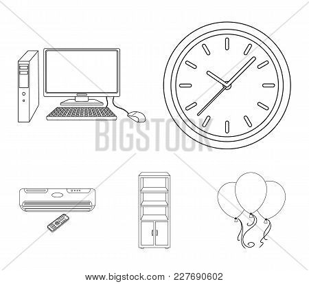 Clock With Arrows, A Computer With Accessories For Work In The Office, A Cabinet For Storing Busines