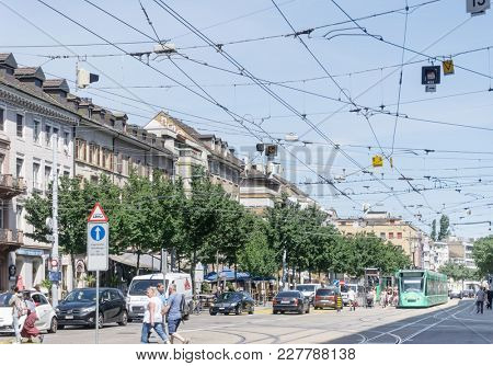 BASEL, SWITZERLAND - June 16, 2017: Tourists on foot Graben Street in Basel,Switzerland