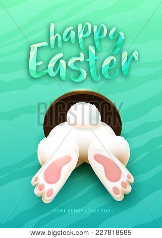 Happy Easter Greeting Card With Funny White Cartoon Easter Bunny Ass, Foot, Tail In The Hole On Brig