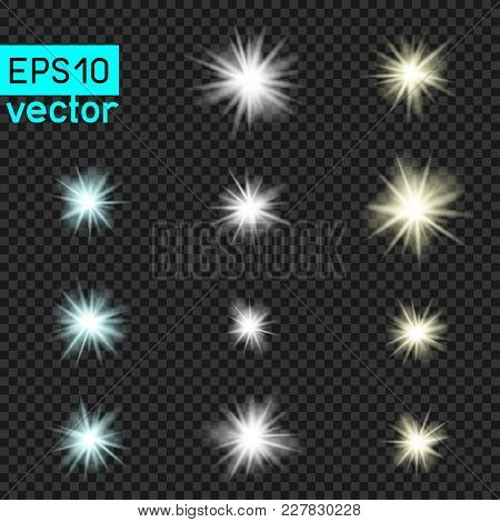 Lamps Or Star Vector Light Set Template On Dark Transparent Background. Shiny Flash Lamp Concept Col