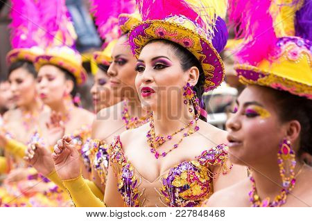 Oruro, Bolivia - February 10, 2018: Dancers At Oruro Carnival In Bolivia, Declared Unesco Cultural W