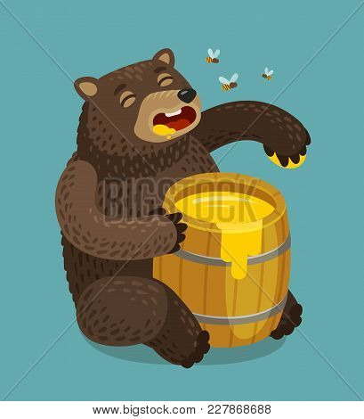 Happy Bear Eats Out Of Keg Of Sweet Honey. Cartoon Vector