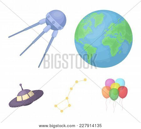 Planet Earth With Continents And Oceans, Flying Satellite, Ursa Major, Ufo. Space Set Collection Ico