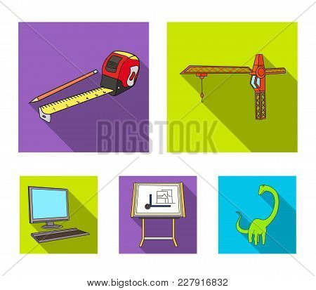 Construction Crane, Measuring Tape Measure, Drawing Board, Computer. Architecture Set Collection Ico