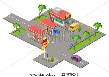 Gas Station Isometric 3d Vector Illustration For Construction Design. Isometric Cars On Petrol Stati