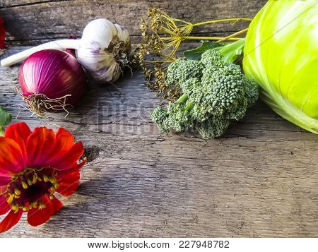 Vegetables  From Organic Grower Farm On A Wooden Background.garlic, Onion And Broccoli.top View. Pla