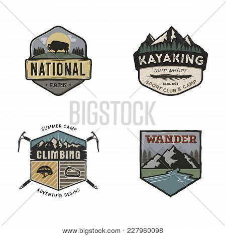 Set Of Vintage Hand Drawn Travel Logos. Camping Labels Concepts. Mountain Expedition Badge Designs. 