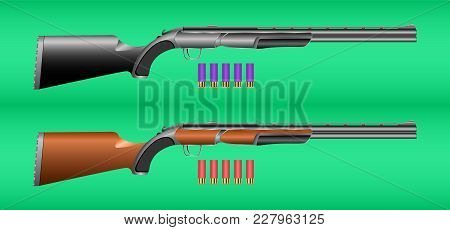 Vector Illustration Hunting Gun With Cartridges On Green Background