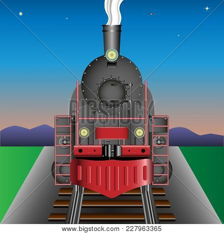 Vector, Illustration Old Locomotive, Railway Engine On The Railway