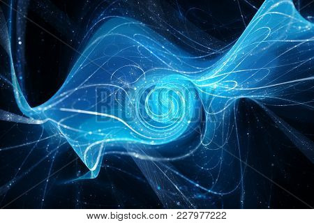 Magical Blue Glowing Spiral Fractal With Trajectories, Computer Generated Abstract Background, 3d Re