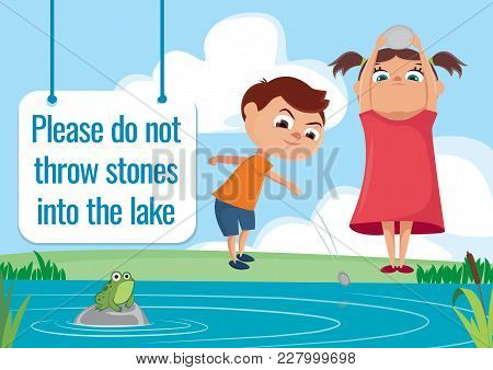 Well Behaviour Sign, Children Throwing Stones Into The Lake