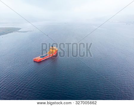Offshore Supply Boat Sea Support Ship Oil Industry During. Aerial Top View