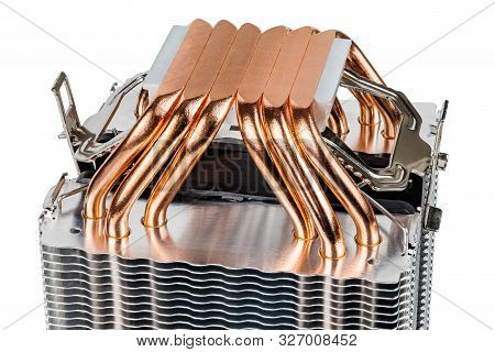 Modern Tower Heat Radiator With Six Copper Heatpipes Close Macro Background.