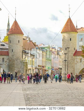 Tallinn, Estonia- October 1st 2019:twin Towers Of Viru Gate In The Old Town Of Tallinn, Estonia