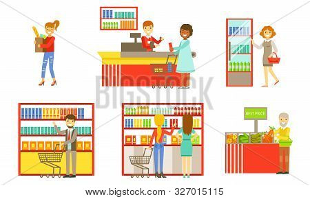 Supermarket Interior Elements Set, People Choosing And Buying Products In The Mall Or Shop Vector Il
