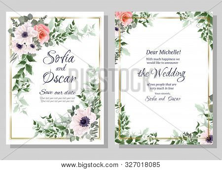 Floral Card For Wedding Invitations. White Anemones, Pink Roses, Eucalyptus, Green Plants.