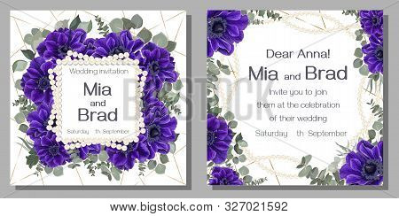 Floral Template For A Wedding Invitation. Blue Anemones, Eucalyptus, Green Plants And Leaves, Square