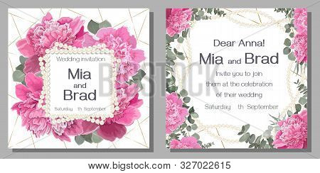 Greeting Card For Wedding Invitations. Background With Gold, Frame Of White Pearls, Pink Peonies, Eu