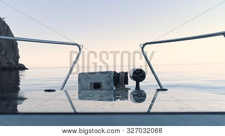 Landscape With Sea, Mountains And Wave From Boat In The Nice Summer Day. Shot. View From The Shipboa