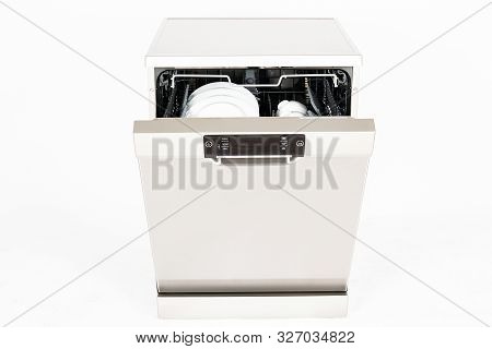 Modern European Freestanding Dishwasher Machine Isolated On White Background