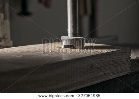 Drilling Of Oak Wood With A Forstner Drill