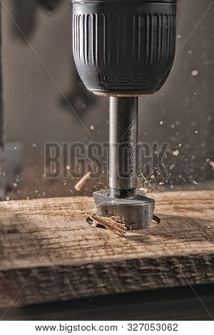Drilling Of Oak Wood With A Forstner Drill