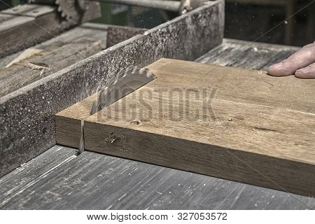 Carpenter Working With Industrial Tool In Wood Factory, Circular Blade With A Wood Board