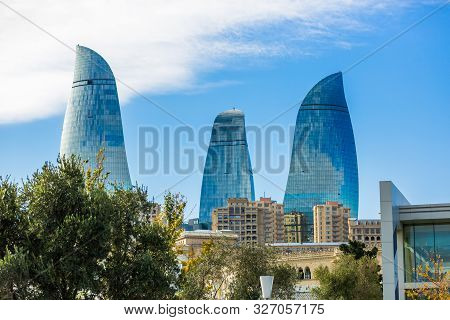 Baku, Azerbaijan, Novemver 07.2016: Flame Towers, The Symbol Of The Capital Of Azerbaijan, With Faca