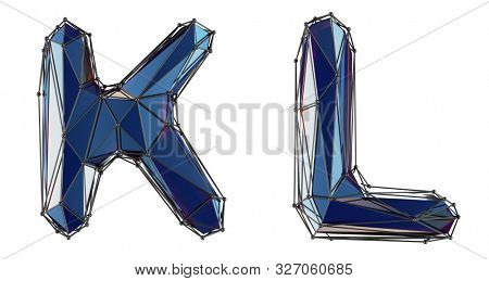 Letter set K, L made of realistic 3d render blue color. Collection of low polly style alphabet isolated on white background 3d