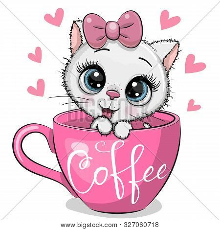 Cute Cartoon Kitten Is Sitting In A Cup Of Coffee