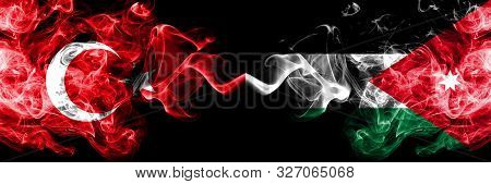 Turkey Vs Jordan, Jordanian Smoke Flags Placed Side By Side. Thick Colored Silky Smoke Flags Of Turk