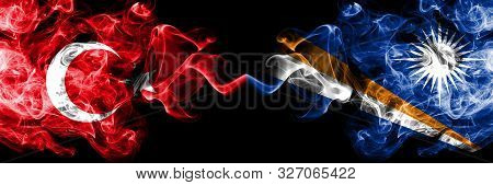 Turkey Vs Marshall Islands Smoke Flags Placed Side By Side. Thick Colored Silky Smoke Flags Of Turki