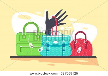 Shop Window Of Blue, Red And Green Handbag, Necklace. Concept Clothes And Bijouterie Store On Clorof