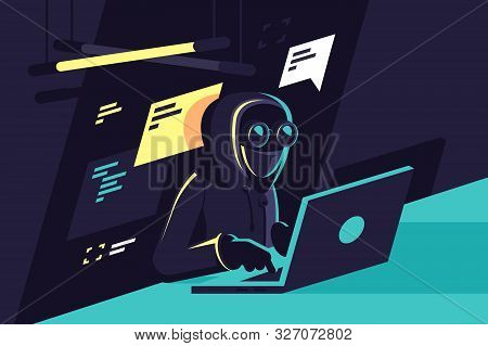 Flat Young Hacker Programmer With Laptop Hacks Programms And Site. Concept Modern Man Character, Net