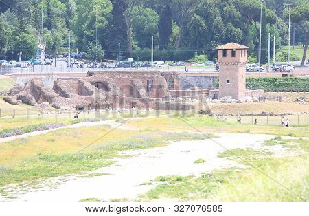 Rome Italy - June 14, 2019: Circo Massimo Chariot Racing Stadium Roman Ruin Rome Italy