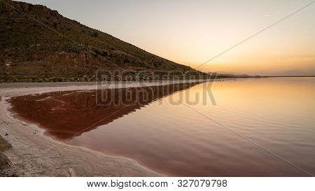 Sunset Over The Coast Of Maharloo Pink Lake In Shiraz, Iran