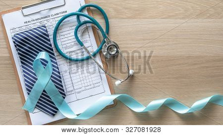 Prostate Cancer Blue Awareness Ribbon For Men Health Concept With Light Blue Bow Color On Medical He