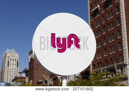 Indianapolis - Circa October 2019: Lyft Pickup Spot In The City. Lyft And Uber Have Replaced Many Ta