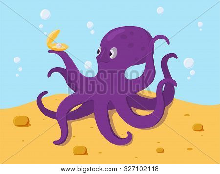 Cartoon Octopus Holding A Shell With A Pearl In Its Tentacles.