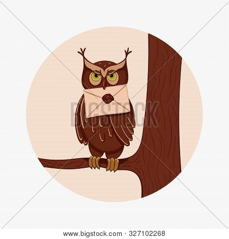 Hand-drawn Vector Illustration Of An Owl With A Letter In Its Beak. Cartoon Style With Uneven Stroke
