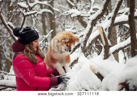 Portrait With A Cute Fluffy Puppy. Winter Walk With A Dog. Young Woman Walks With The Puppy, Snowy W