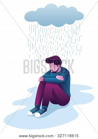 Conceptual Flat Design Illustration For Depression, Depicting Man, Sitting On The Ground With Dark C