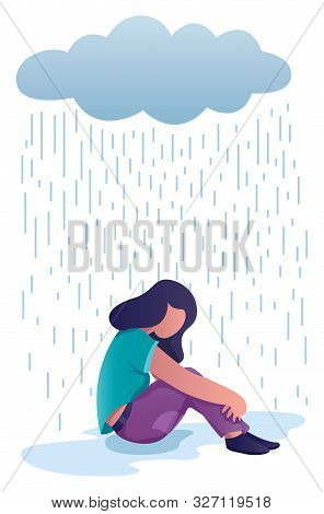 Conceptual Flat Design Illustration For Depression, Depicting Woman, Sitting On The Ground With Dark
