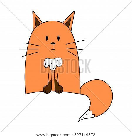 Hand-drawn Cute Little Orange Fox In Cartoons Style Sitting. Isolated On A White Background