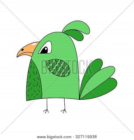Hand-drawn Cute Green Parrot Isolated On White Background. Illustration For Children. Cartoon Charac
