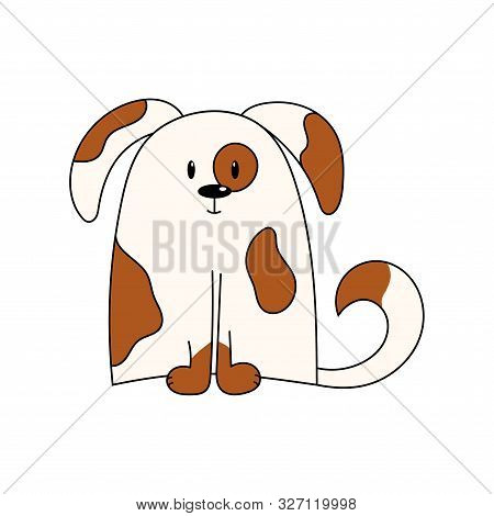 Cute Spotted Puppy Sits, Vector Illustration. Isolated On White Background.