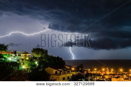 Lightning Over The Sea, Dramatic Night Scene
