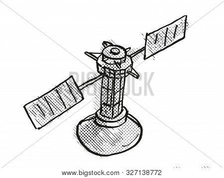 Retro Cartoon Style Drawing Of A Vintage Spaceprobe Or Space Satellite On Isolated White Background 