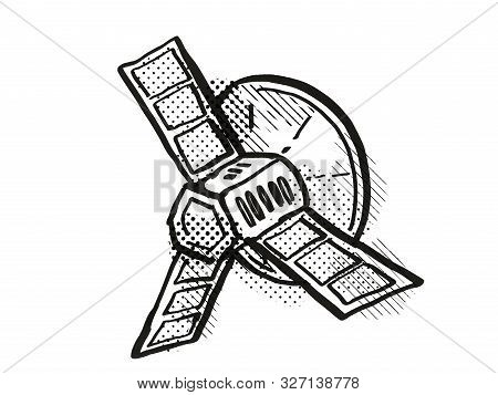 Retro Cartoon Style Drawing Of A Vintage Spaceprobe Or Space Satellite On Isolated White Background 